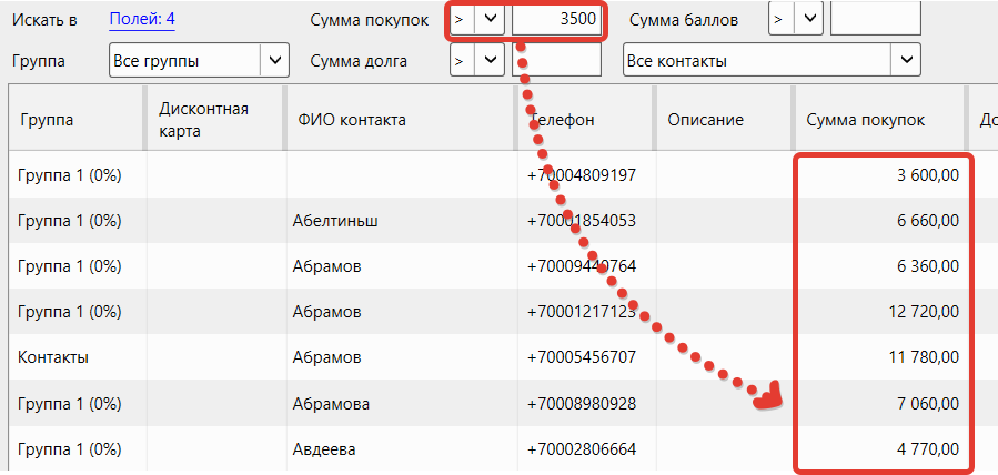 Кассовая программа GBS.Market. Фильтр по сумме покупок
